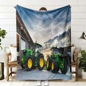 Farm Tractor Theme Flannel Blanket, High-Quality Digital Print Throw for Nap, Air Conditioning, Camping, Office Sofa Bed Gift