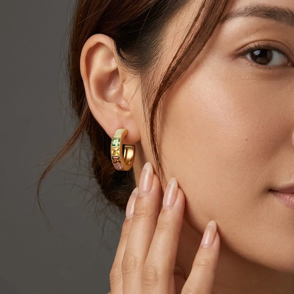 Rainbow Hoop Earrings for Women Princess Cut CZ Colorful C Shape Hoops Gold Silver Stainless Steel Grooved Ribbed Huggie Earrings Aesthetic Waterproof Party Jewelry Everyday Wear Gift for Her GF