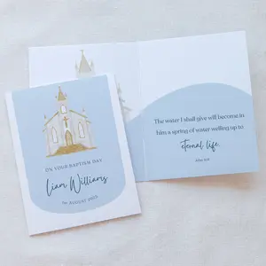 Custom Baptism Card Watercolor White +Gold Church