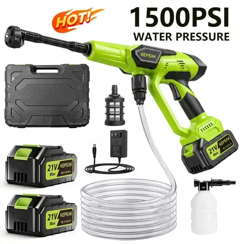 【ToolUpgrade】KEPEAK Cordless Car Wash Machine Power Washer, 1500PSI 48V 5.0Ah Rechargeable 21V SD01 Kit with Snow Foam Spray Gun, 1×6-in-1 Nozzle Wand, 1×5m (16.4 ft) Water Hose, 200W for Outdoor Cleaning