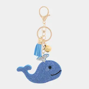 RHINESTONE WHALE TASSEL KEYCHAIN with Sparkling Rhinestones and Blue Tassel Charm