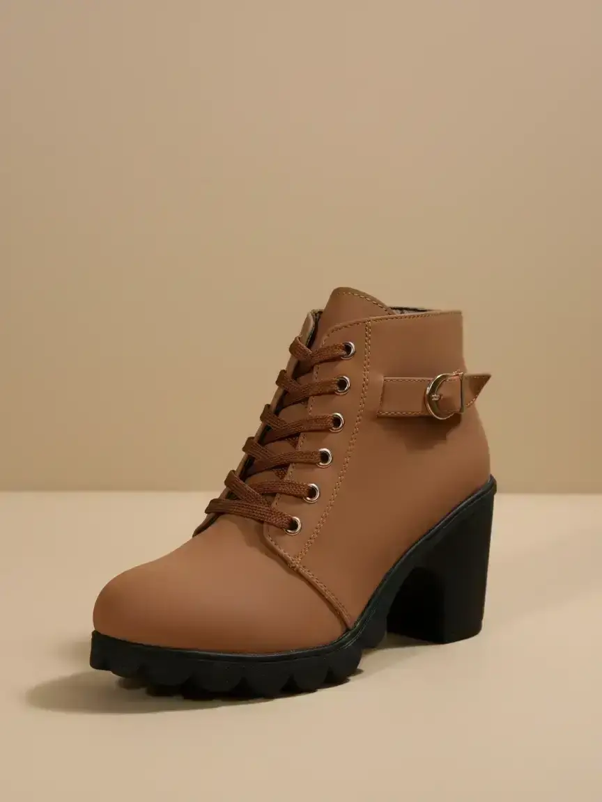Women's Round Toe High Heel Thick Sole Boots, Side Zipper with Metal Buckle Design, Fashionable Short Boots for Fall & Winter, Fashion Footwear, Thick Heeled Boots, Heels Boots