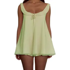 Women Ruffle Pajama Sets 2 Piece Scoop Neck Babydoll Tank Top Wide Leg Shorts Set Chiffon Lace Pjs Loungewear