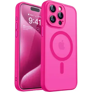 CANSHN Compatible iPhone 15 Pro Max Case Hot Pink Magnetic Full Camera Protection 6.7 Inch Translucent Matte Shockproof Protective Cover with 360° Rotatable Stand - Black