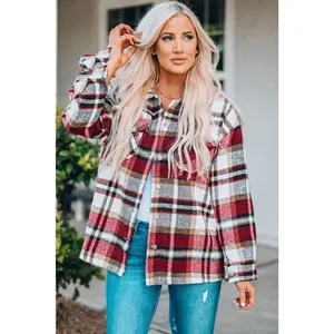 Fiery Red Geometric Plaid Print Pocketed Shacket