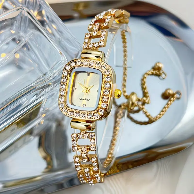 Women's Square Rhinestone Decor Watch,Fashion Women's Accessory for All Seasons,Modern Daily Decor, Exquisite Stylish Watch for Birthday Gift