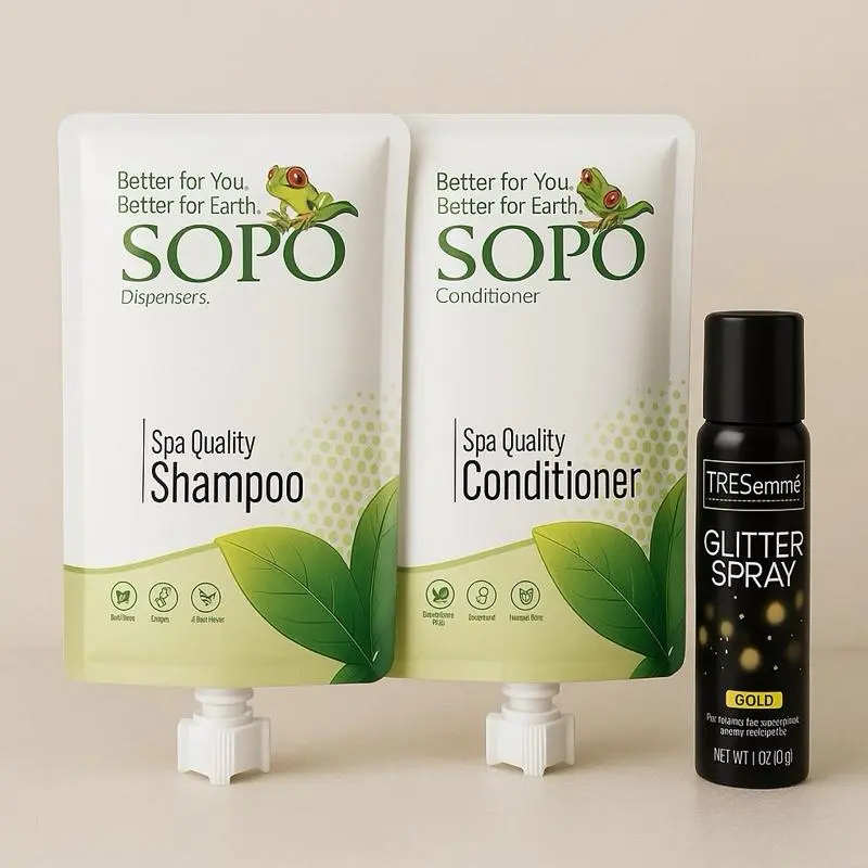 SOPO Vitamin-Infused Shampoo & Conditioner Bundle - Moisturizing, Cleansing Haircare Set with TRESemmé Gold Shimmer Glitter Spray for All Hair Types, Any, 30 Oz, 24 Months, Space Saver, Eco-Friendly, 1.8 Oz