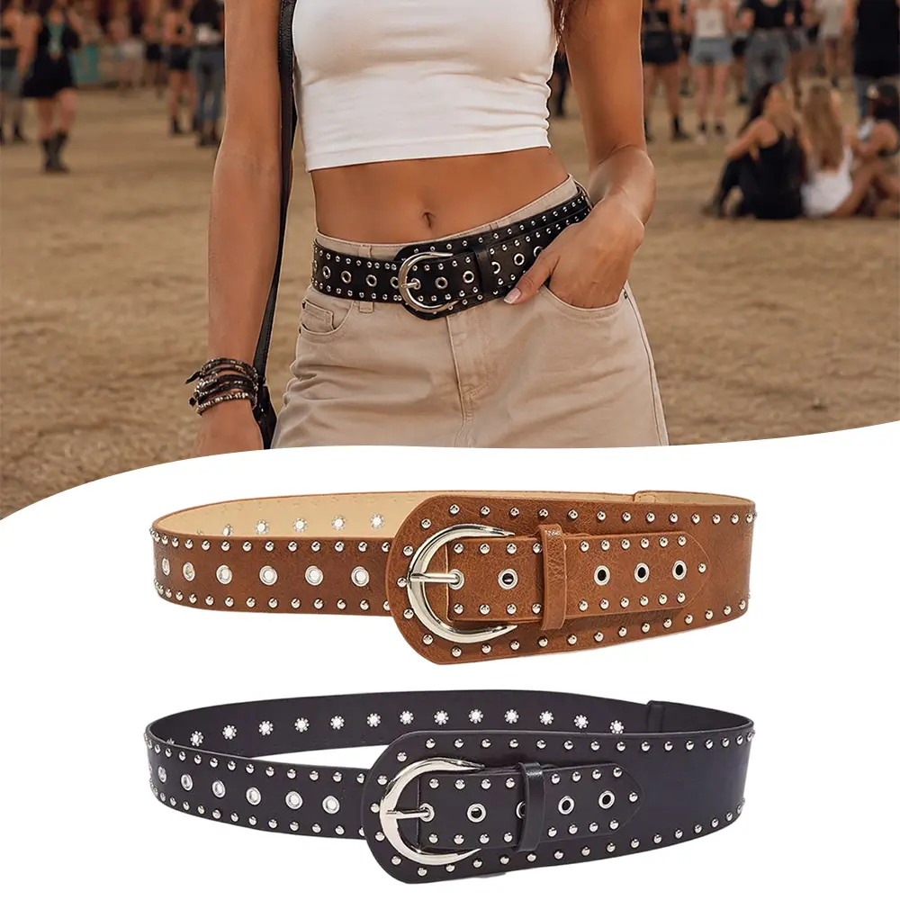 Pack of 2 40.55 Inches/103 cm Y2K Studded Belt PU Leather Punk Goth Emo Belts Chunky for Jeans Pants Dresses Fits Waist size: 29" - 33"