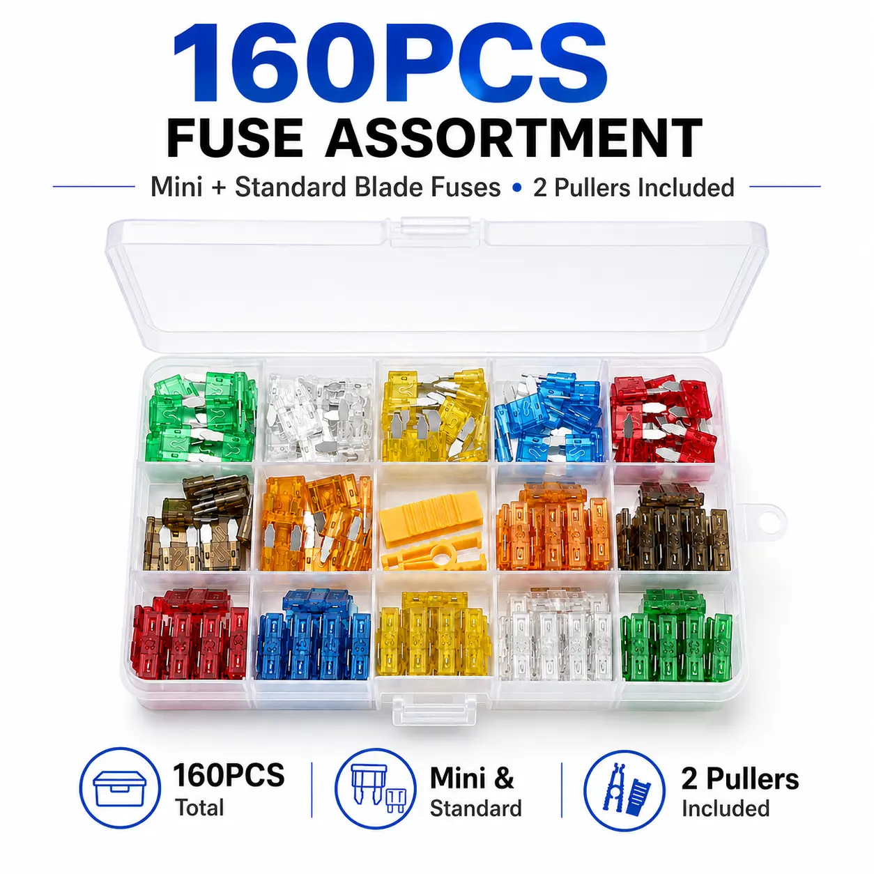 160Pcs Mini & Standard Blade Car Fuses Assortment Kit, Color Coded 2A-40A Auto Replacement Fuses with 2 Pcs Fuse Pullers for Car Truck RV Motorcycle ATV