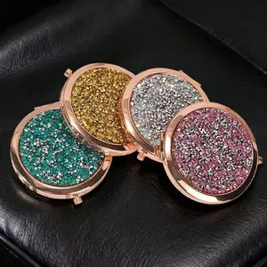 Full Drill Foldable Dual-Sided Makeup Mirror, Round Metal Frame, Rhinestones, Portable Travel Mirror, Elegant Design, Travel Hand Mirrors
