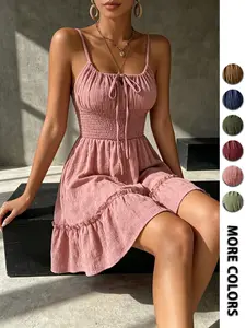 Summer Vacation Style Women's Textured Dress, Thin Straps Lace-Up Waist Cinch Ruffle A-Line Short Skirt, French Pure Desire Style