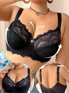 Plus Size Lace Patchwork Underwire Lingerie Bra Christmas Fantasy-Elegant Green Semi-Sheer Adjustable Straps Light Support