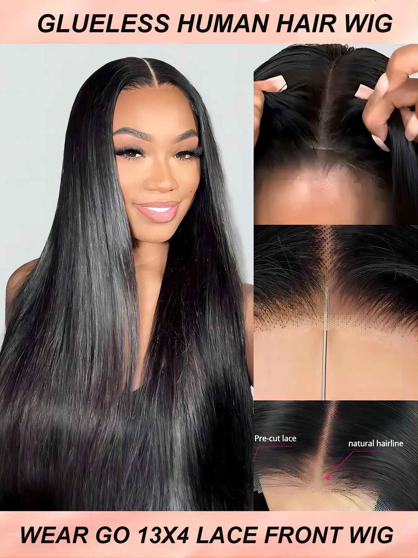 Wear & Go Glueless Wig Straight 13x4 HD Lace Front Lace Front Wigs Human Hair Wig Glueless Wear Go Wigs Pre Bleached Knots Wig Pre Plucked & Pre Cut Human Hair Natural Color Hairline For Women