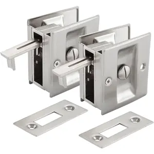 Pocket Door Lock  with Pull Replace Old Sliding Door Locks/Solid Brass Pocket Door  Lock 2-3/4"x2-1/2", for /8" Thickness Door, Brushed Nickel -2 Pack