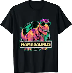 Dinosaur Birthday Dinosaur Mommy T-Shirt plussize graphic tees，top，100%cotton Summer Black