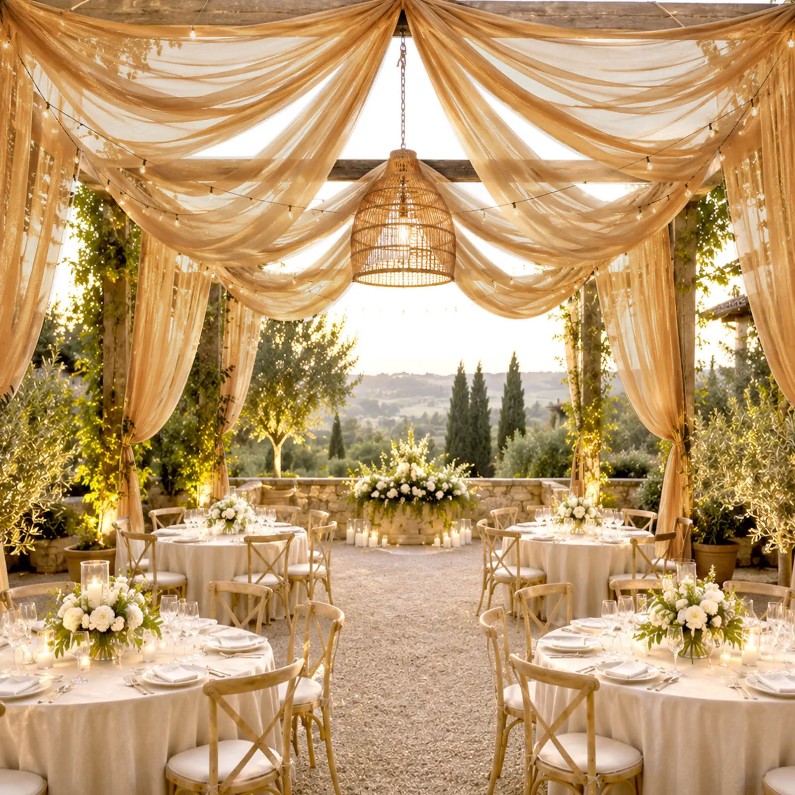 Gold Sheer Fabric Full-Length Ceiling Drape - 10x32 ft Single Panel, Machine-Washable Indoor Event Backdrop for Wedding, Graduation, Restaurants, Gold Canopy Glow Decor