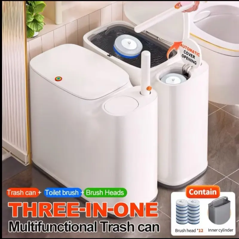 2-in-1 Trash Can With Toilet Brush And 72 Brush Heads | White Rectangular Modern Bathroom Narrow Seam Trash Can With Push-On Lid, Disposable Toilet Brush, Ivory, Bathroom Decor And Accessories, Floor Mount, Plastic 1 piece