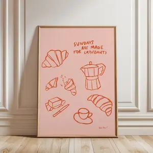 Food Poster, Brunch Club Poster, Sundays Are Made for Croissants, French Croissant Wall Art, Moka Pot Poster, Aesthetic Kitchen Poster, Room Decor, Unframed