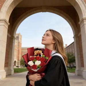 Preppy Style Graduation Stuffed Animal Rose Teddy Bear Plush Bouquet with Greeting Card, Elegant Scented Bath Soap Floral Gift for University Masters Degree Students, Unique Sweet Celebration Decor 2026