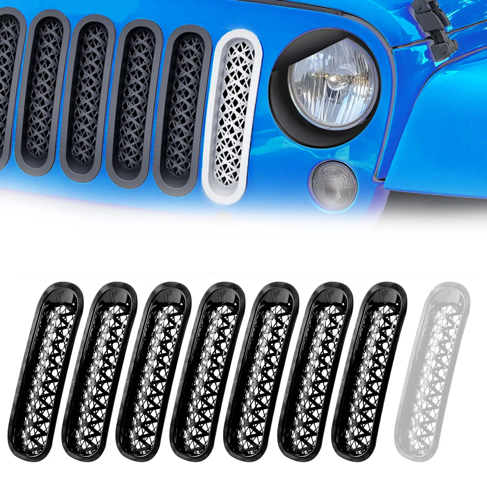 EYOUHZ 7+1 Pieces ABS Plastic Grill Mesh Inserts - 7 Matte Black, 1 White, Easy Install Grill Shield, Compatible with 2007-2018 Jeep JK Wrangler & Unlimited Off-Road Car Exterior Accessory