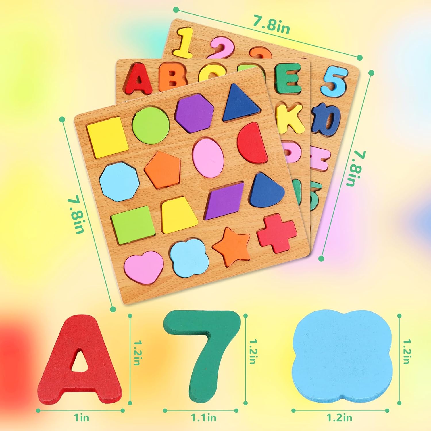 3-Pack Wooden Alphabet Puzzle Set, Unisex Preschool Montessori Educational Toys for 3-5 Years Kids with ABC Letter, Number & Shape Learning, Kids Learning Materials for Boys & Girls