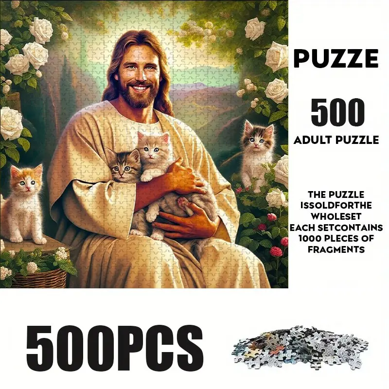 500 Piece Jesus & Kitten Puzzle Toy, Large Interactive Family Puzzle, DIY Home Decor Brain Challenge, Holiday Scene, Perfect Gift