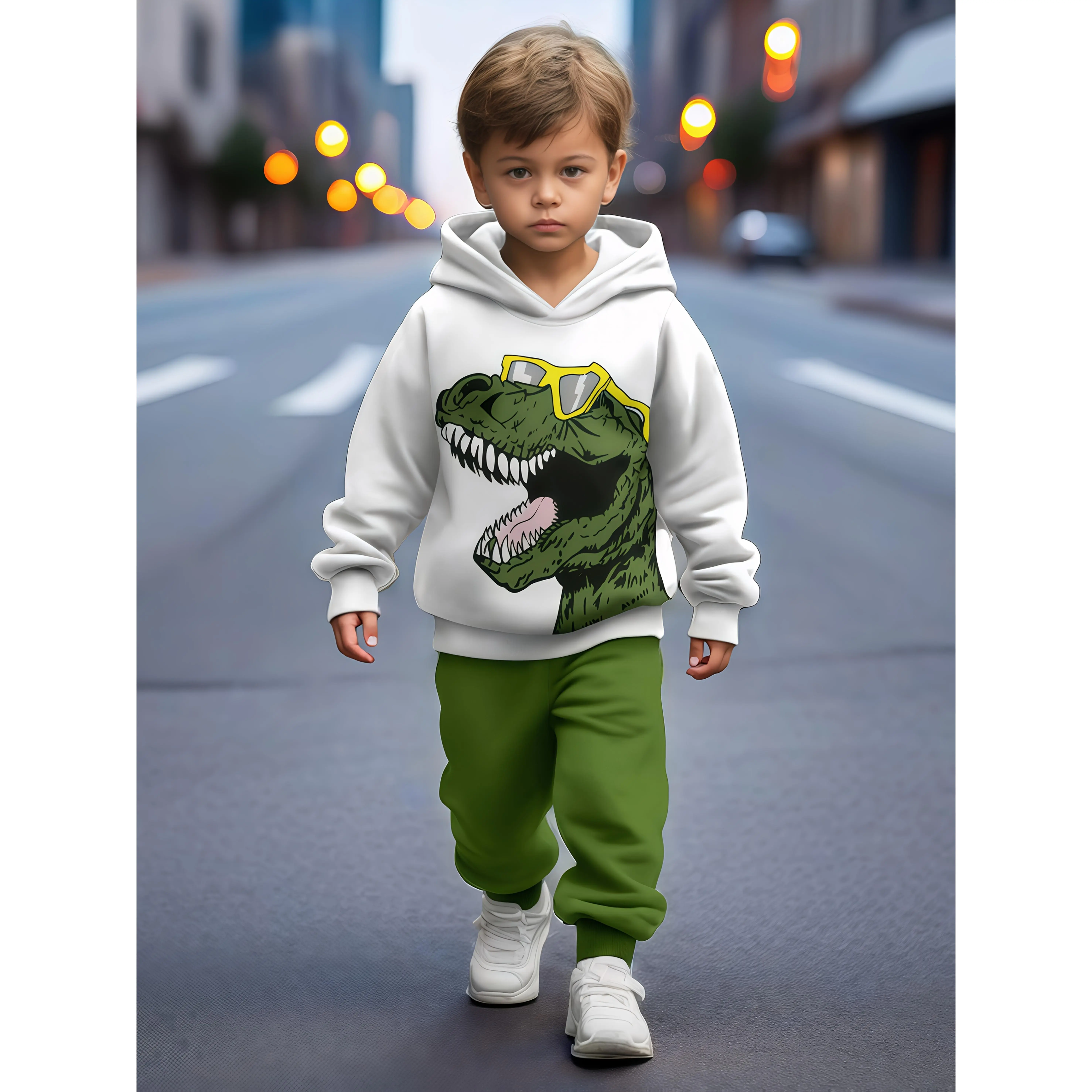 2pcs Boys' Cartoon Dinosaur Print Sweatshirt Tracksuit, Hooded Hoodie + Jogger Pants, Kids' Sportswear Gift. Comfortable Fabric, for Spring and Autumn, 2pcs Sport Hoodie Set. Suitable for Outdoors, Perfect for Outdoor