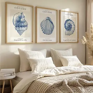Set of 3 Blue Seashell Art Prints: Vintage Coastal Wall Decor, Beach House Decor, Coastal Seashell Prints, Beach Themed Decor