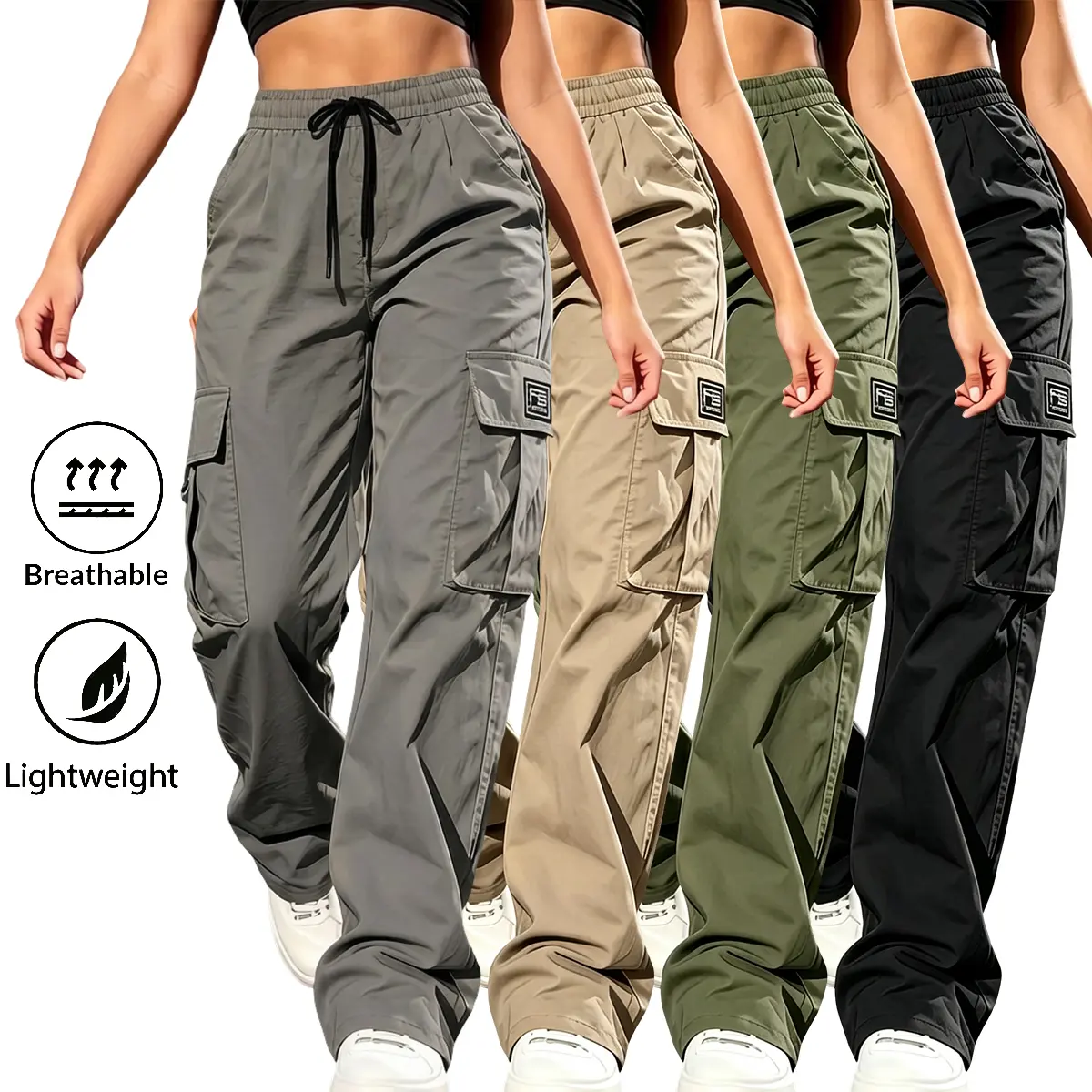 Pack of 4 women’s solid-color cargo pants featuring an elastic waistband with stretch and practical pockets offering large capacity for easier storage.Versatile women’s wear suitable for all seasons—ideal for everyday casual wear, outdoor outings, and wor