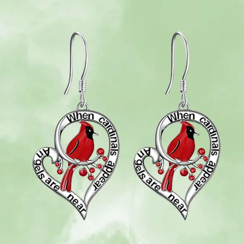 Pair of Heart-Shaped Cardinal Bird Earrings with Red Berries - Fashionable Zinc Alloy Pendant Jewelry for Halloween, Christmas, and Parties - Exquisite Commemorative Gift, Christmas Earrings | Playful Design | Detailed Craftsmanship, Christmas Earrings