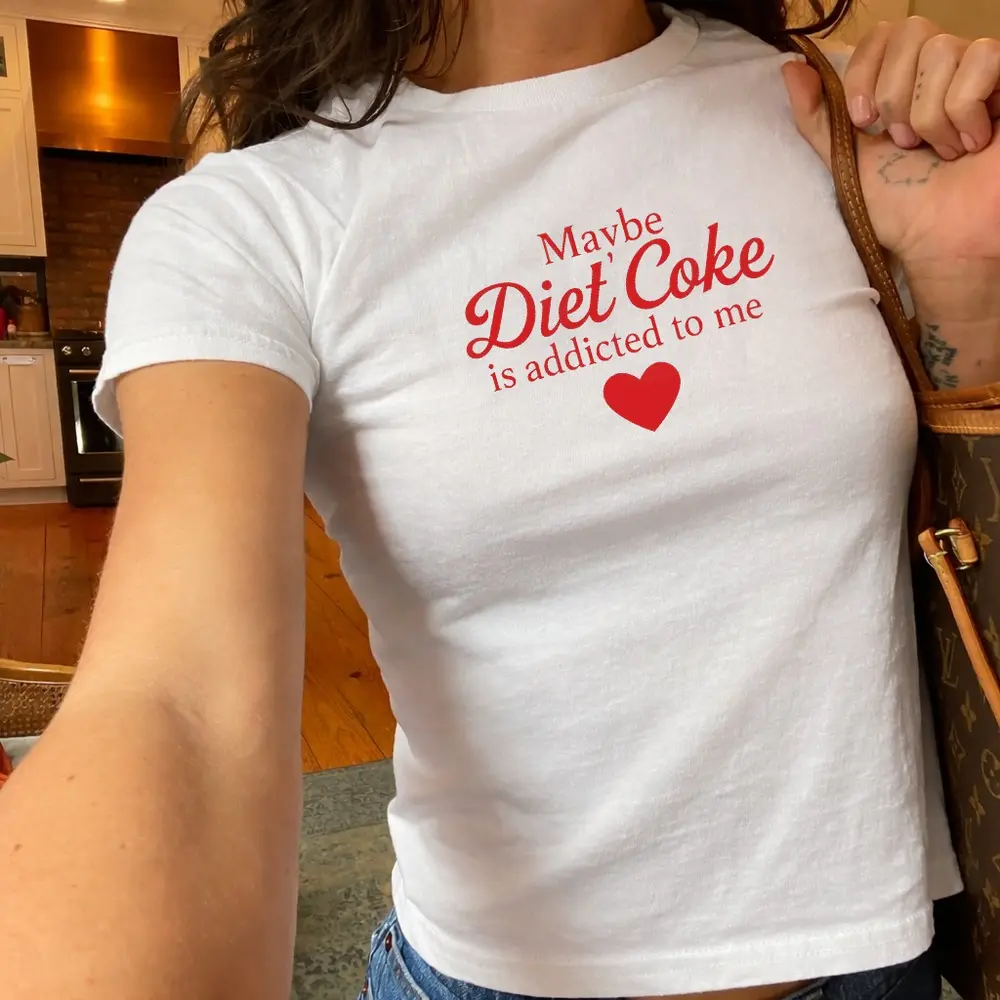 Gildan 5000B Maybe Diet Coke Is Addicted To Me shirt, Funny Soda Quote baby tee, Red Heart Cute Machine Y2K Baby Tee