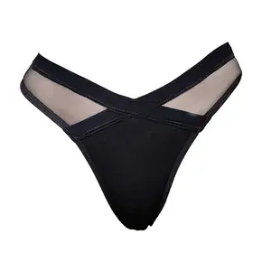 Women's low-rise thong mesh solid color transparent panties with cotton crotch, sexy cotton underwear