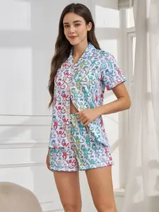 Women's Cartoon Monkey Print Casual Set, Comfortable All-Season Sleepwear & Homeewear, Top and Shorts, Spring & Fall Fashion