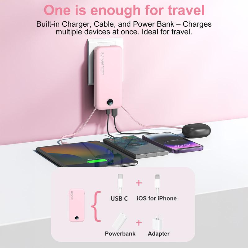 Diamuar Ultra-Thin 12,000mAh Power Bank with Built-in AC Plug & Cable, USB-C PD20W Fast Charging, LED Digital Display, Portable Charger for iPhone Androi