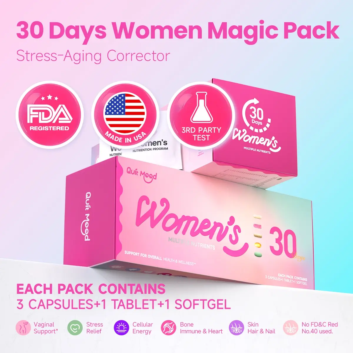 Women's 30+ Magic Stress-Aging Corrector, Multivitamin with Ashwagandha & L-Theanine, Vitamin D3&K2, Cranberry Probiotics, NAD+ & CQ10, Supports Corti