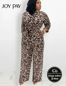 JOYPAY Plus Size Leopard Print Jumpsuit for Women Wide Leg Belted One Piece Outfit with 3/4 Sleeves Casual Soft Breathable Fabric Adjustable Fitted Dress Womenswear Flowy