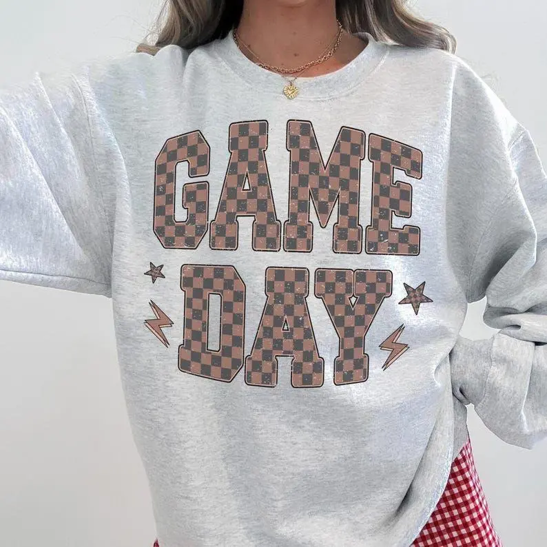 [ Sale off to 50% ] Retro Checkered Game Day Sweatshirt, Oversized Football Season Crewneck, Cute College Gameday Outfit for Women & Moms