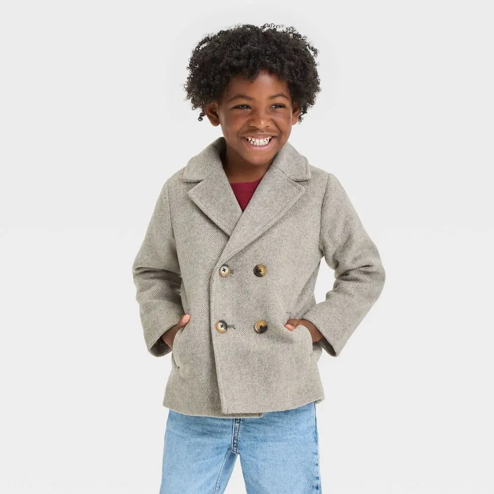 Cat & Jack Baby Boys' Faux Wool Navy Double-breasted Pea Coat Jacket, Warm Jacket, Acrylic