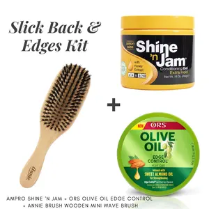 Ampro Shine 'N Jam + ORS Olive Oil Edge Control + Annie Brush Wooden Mini Wave Brush - SLICK BACK HAIR KIT