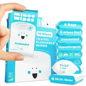 Compact Travel Flushable Wipes - 99.5% Water and Aloe - Safe for Sensitive Skin, Hypoallergenic & Unscented - Travel Essentials for Adults, Kids & Baby Care - 8 Pack Total 48 Wipes
