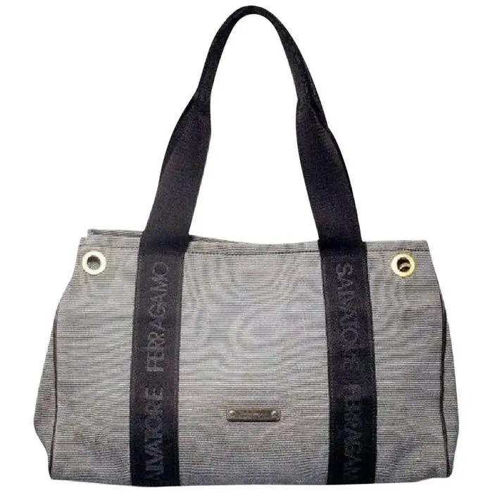 Pre-owned SALVATORE FERRAGAMO Woven Canvas Tote Bags Vintage Nautical Striped Navy Canvas Tote