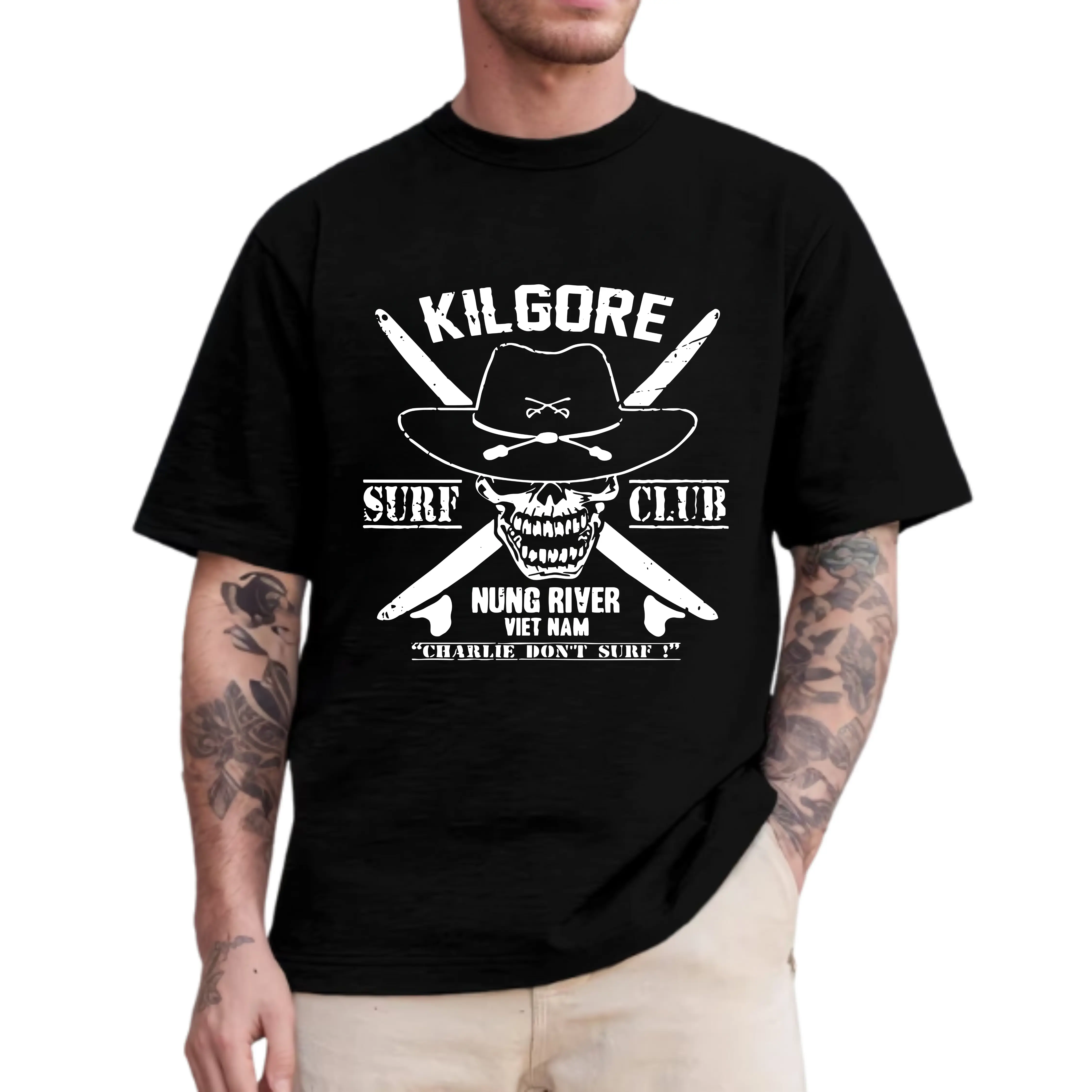 Men's Cotton Fabric Tee with Kilgore Surf Club Graphic - Apocalypse Now Movie Logo, Fitted Cut, Images Digitally Printed, Shirt, Graphic Print, Round Neck, Dark Heather, Digital Print, Do Not Dry Clean