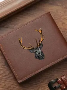 Men's Dark Deer Leather Wallet, Gothic Forest Print, Mystery Wildlife Theme, PU Card Holder, Rock Texture Design, Unique Gift