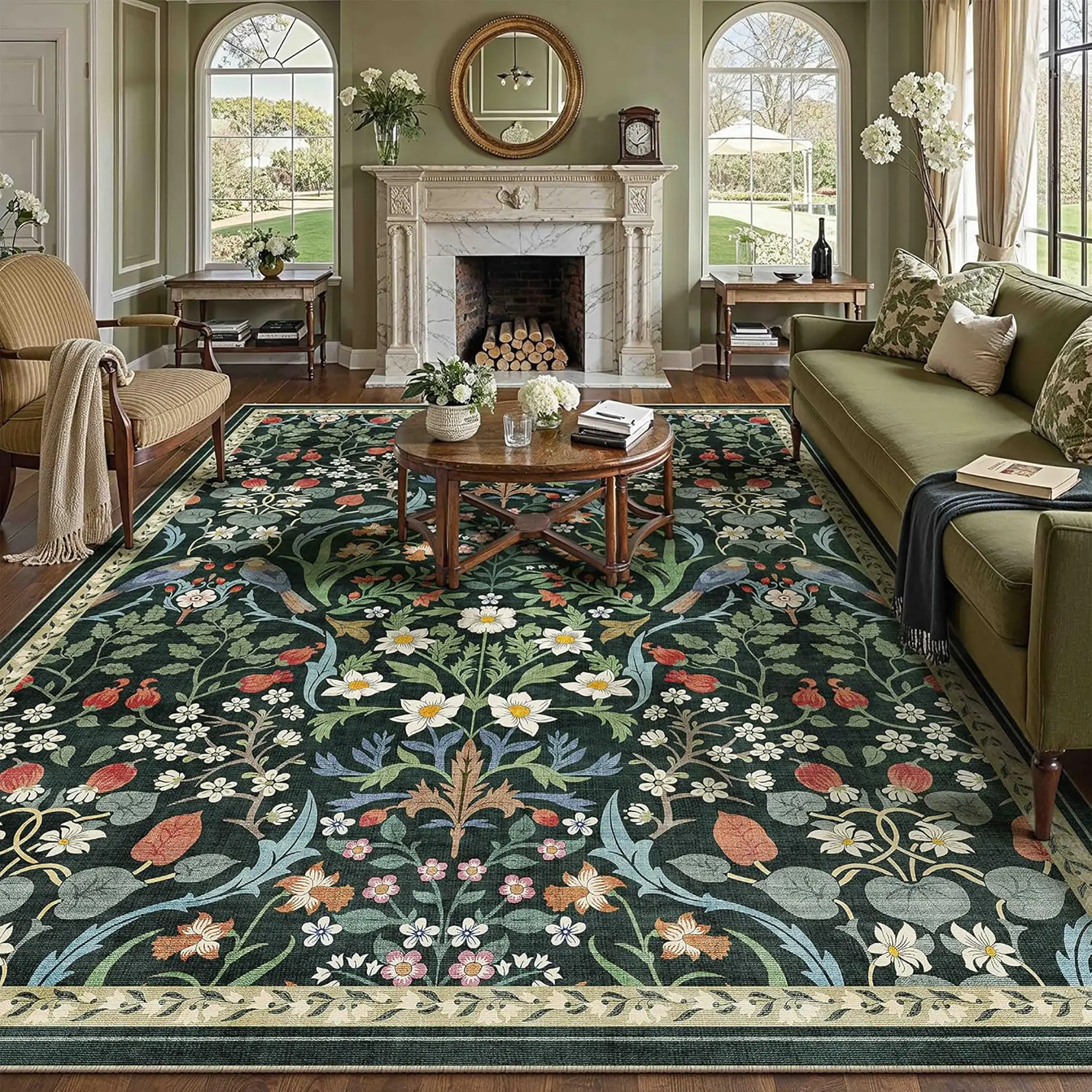 Fashionable Luxury Plant Floral Pattern Decorative Living Room Bedroom Bedside Carpet, Foldable Washable Anti-Slip Large Area Rug, Botanical Area Rugs, Polyester Rug