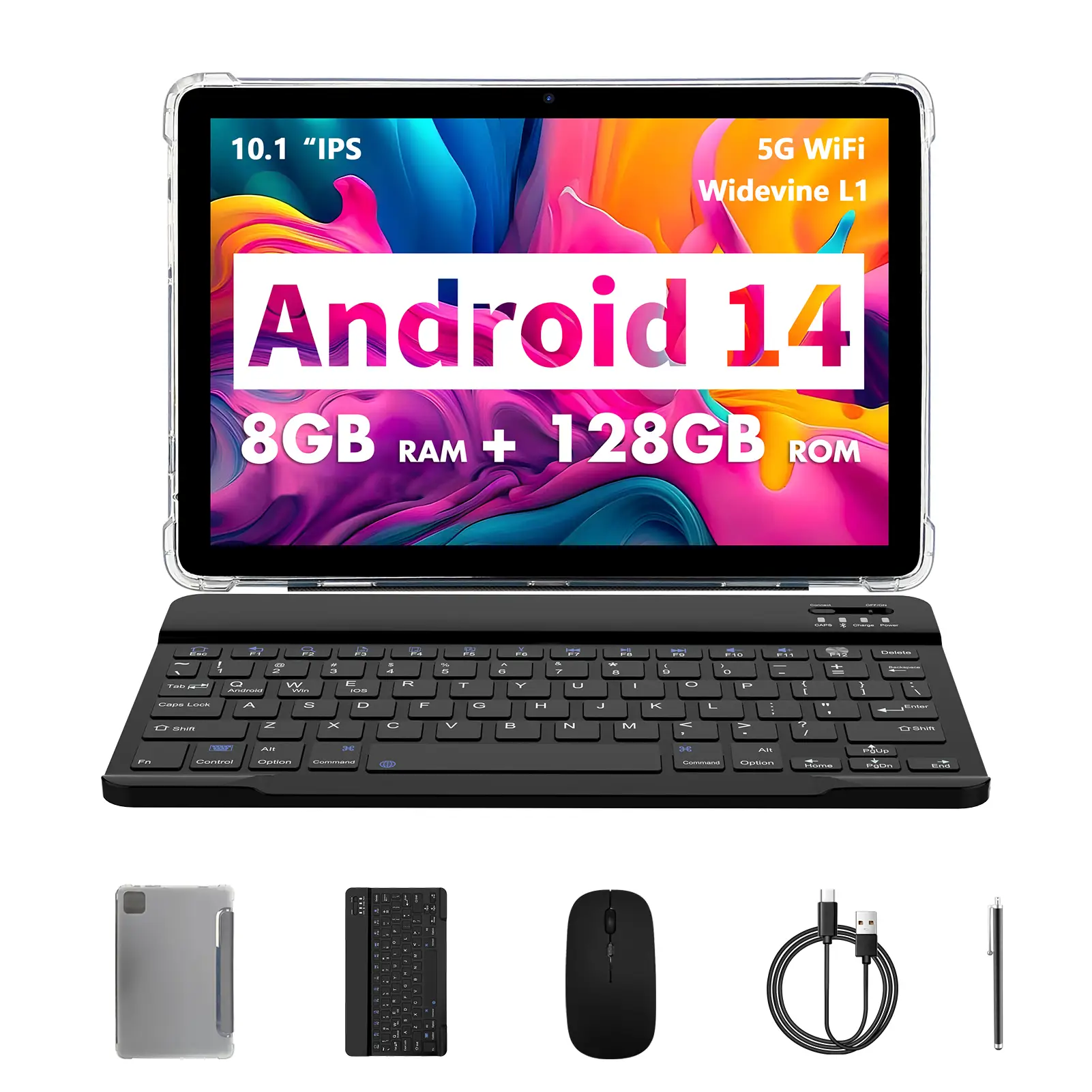 PRITOM 10.1 Inch Android 14 tablet set 128GB ROM, Dual Camera, Speaker with Bluetooth compatible Keyboard & Mouse Set, notebook tablet for FathersDayG