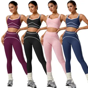 Women's Unique Design Fitness Yoga Set Large U Neck Sports Suit Gym Clothing High Waist Butt Lifting Yoga Pants Quick Dry Sweat Absorbent Fitted Design Activewear Sporty Style Outfits Two-Piece Striped U-Neck Top & Contrasting Trim Trousers