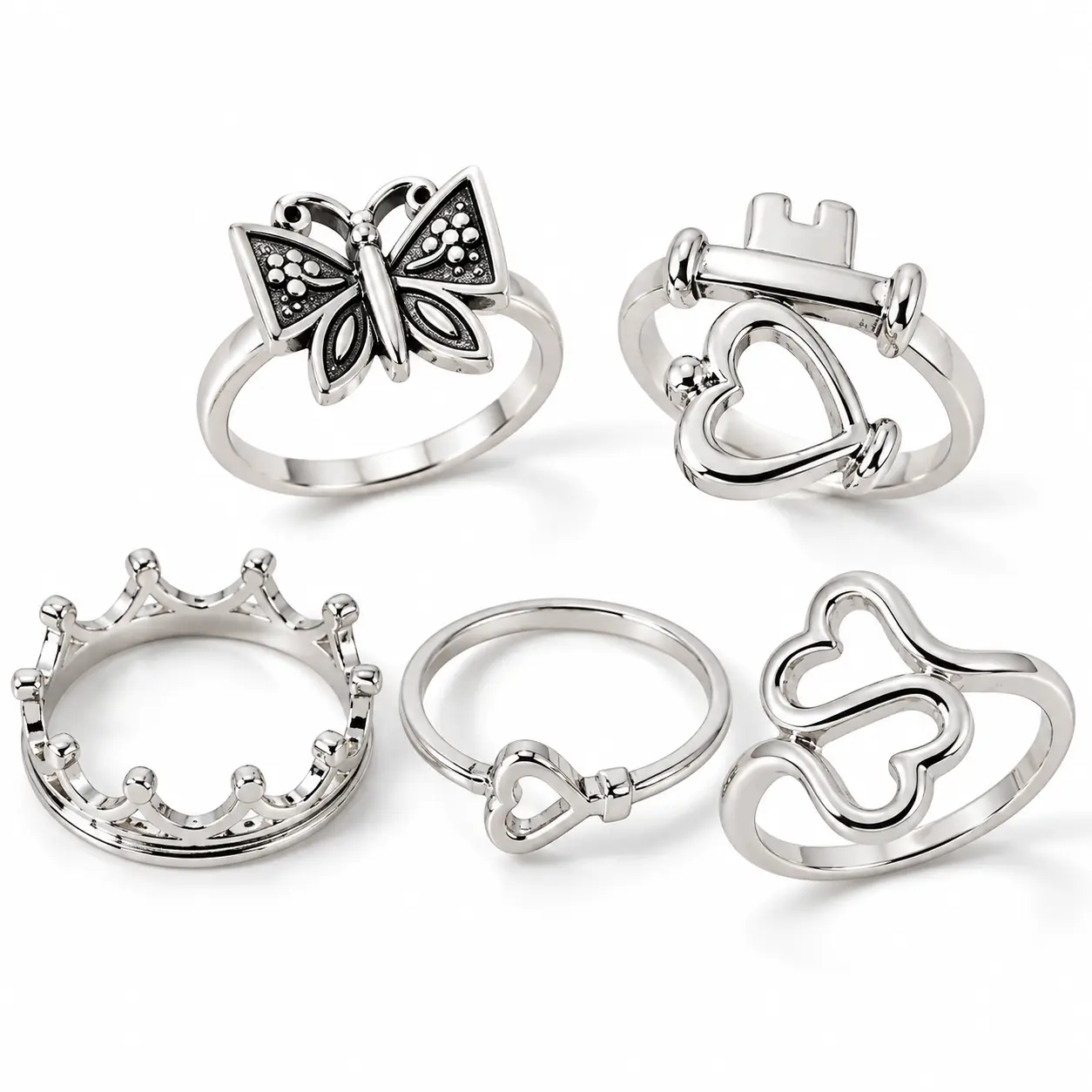 5-Pack Fashion Punk Style Ring Set, Unique Fashion Heart Butterfly Crown Stackable Rings, JewelryStylish Accessory Gift,Perfect Gift for Women