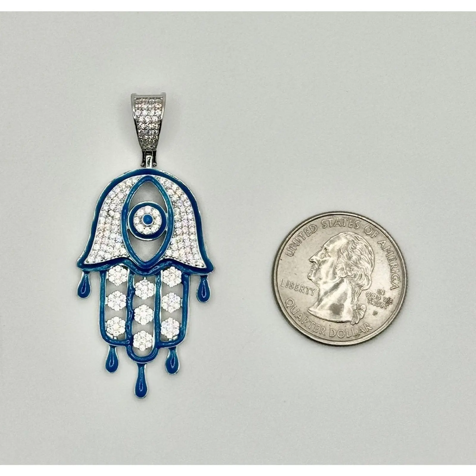 Rhodium Plated 925 Sterling Silver CZ Blue Glow Enamel Hamsa Hand Pendant