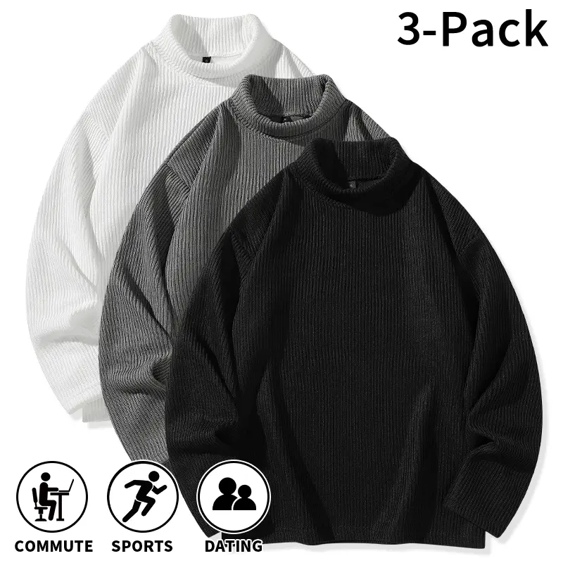3‑pack basic pullover sweaters for men, stretch‑knit long‑sleeve tops that can be worn as base layers or outer layers for commuting, workouts, and everyday outings