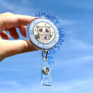 Raccoon Tired Club Badge Reel with ID Belt Clip Cute Design Acrylic for Children Gift Work Accessories Nurses Medical Teacher Student